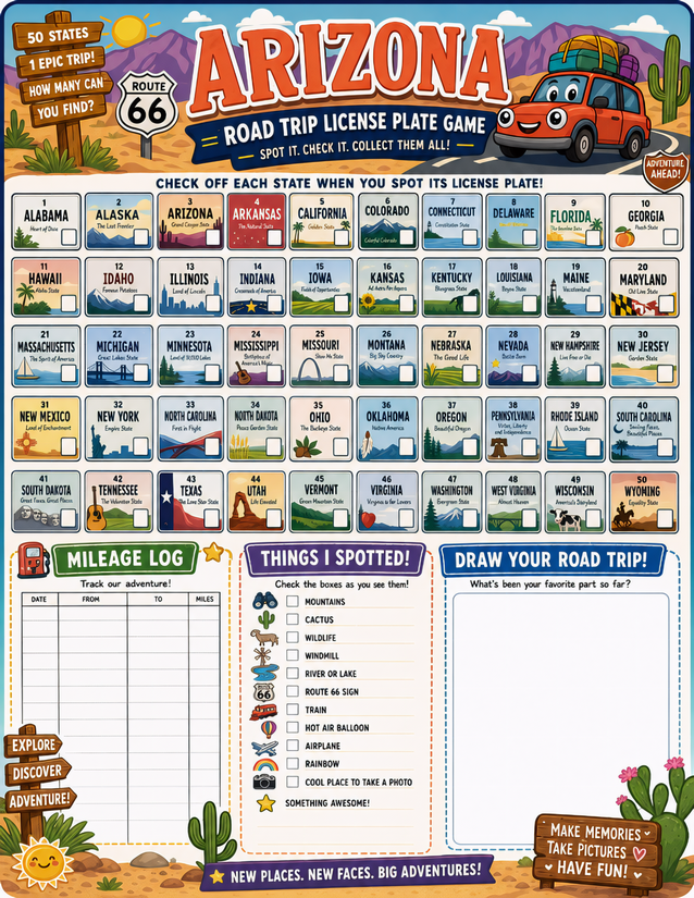 Arizona License Plate Game Printable, All 50 States Plus Mileage Log