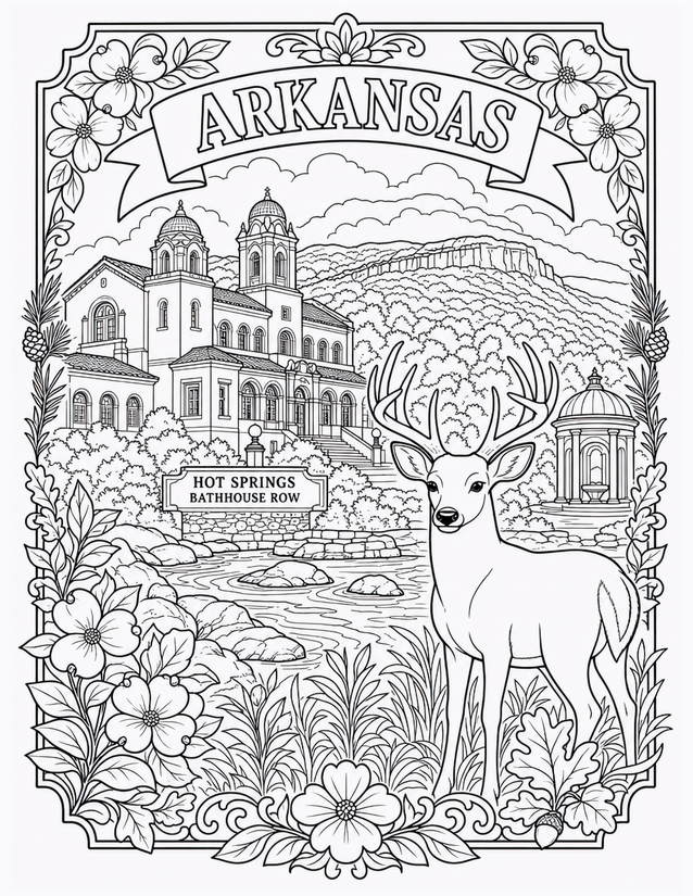 Arkansas Coloring Page, Deer at Hot Springs Bathhouse Row