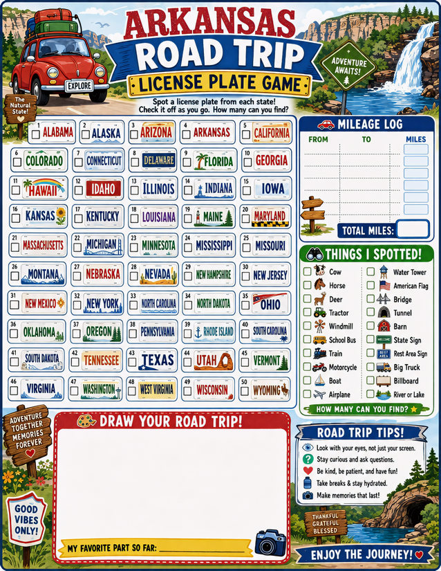 Arkansas License Plate Game Printable, All 50 States Plus Mileage Log