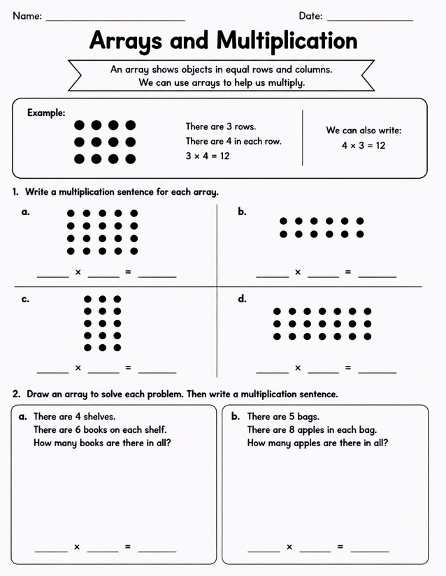 Arrays and Multiplication Worksheet, Rows to Number Sentences