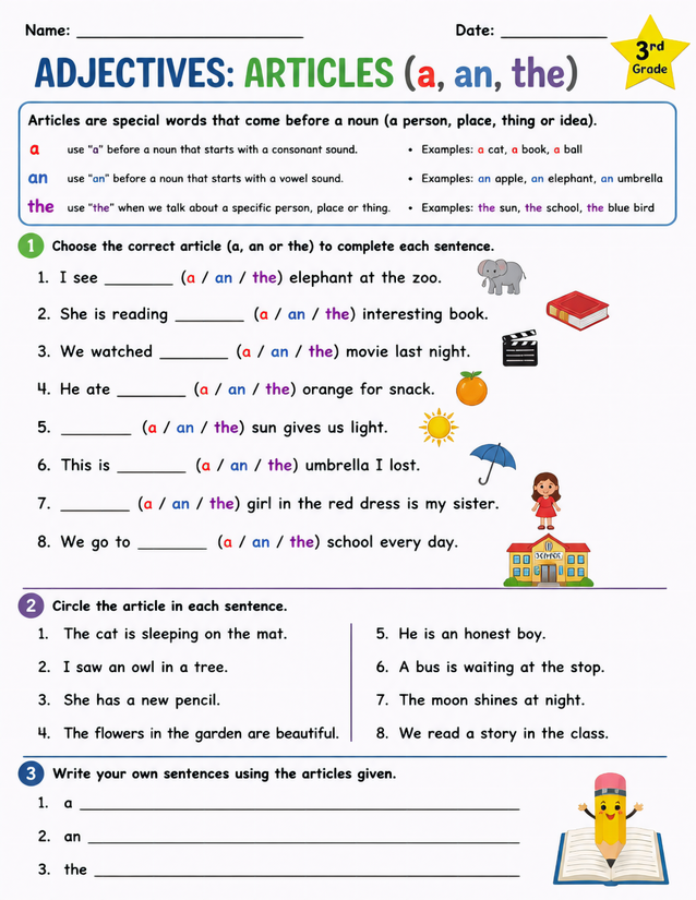 Articles A An The Worksheet, 3rd Grade Grammar Practice