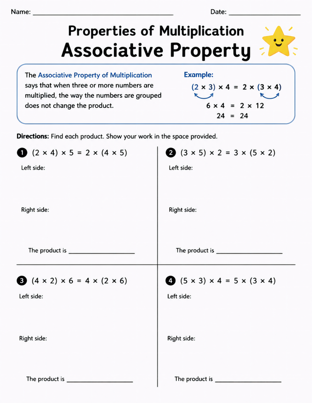 Associative Property of Multiplication Worksheet, 4 Show-Your-Work Problems
