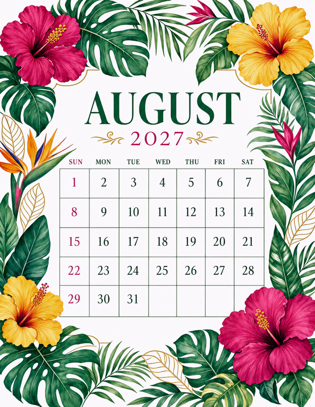 August 2027 Calendar Printable, Tropical Hibiscus Border