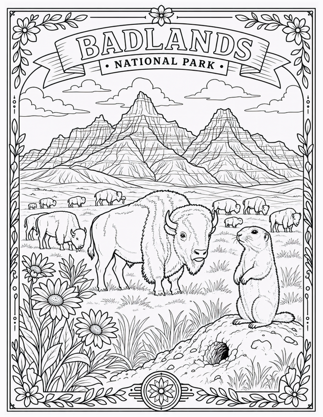 Badlands National Park Coloring Page, Bison and Prairie Dog