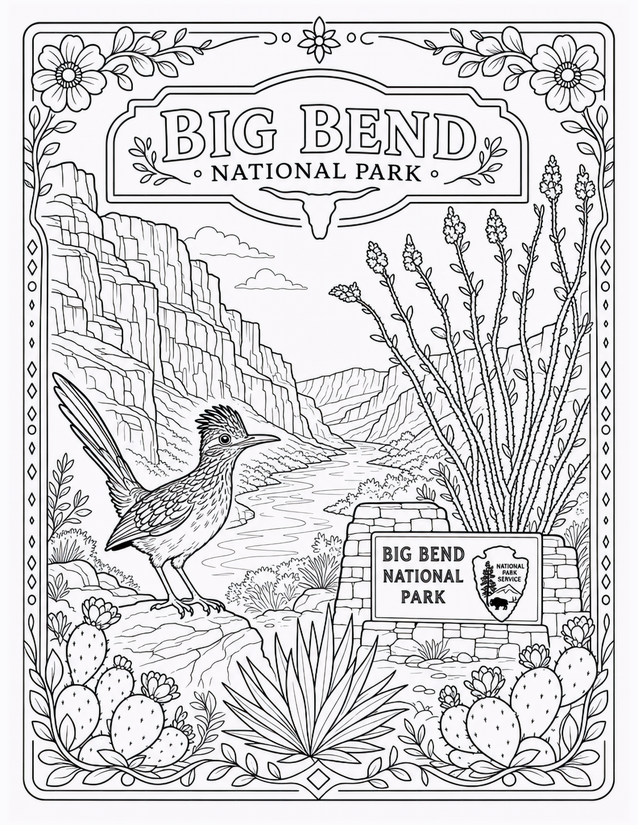 Big Bend National Park Coloring Page, Roadrunner and Canyon