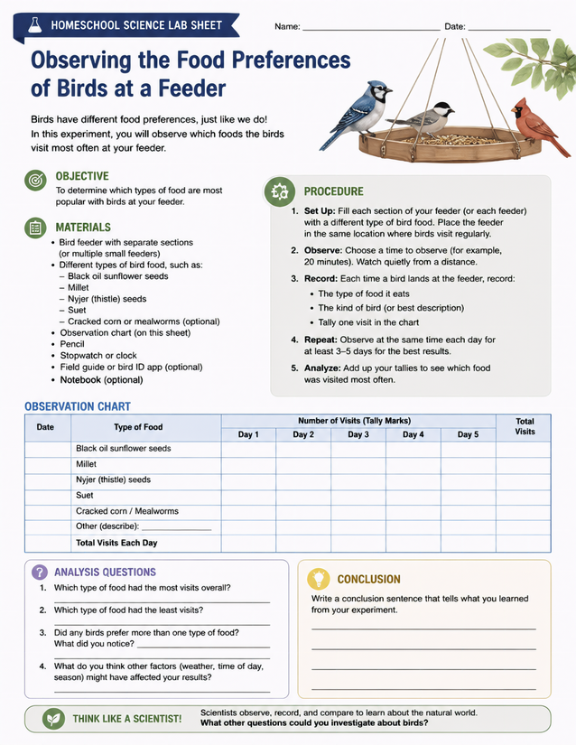 Bird Feeder Food Preference Lab Sheet, Tally Chart Included