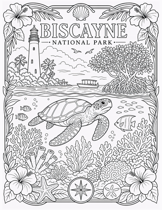 Biscayne National Park Coloring Page, Sea Turtle and Coral Reef