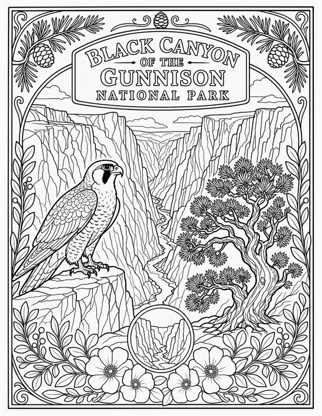 Black Canyon of the Gunnison National Park Coloring Page, Peregrine Falcon and Canyon Walls