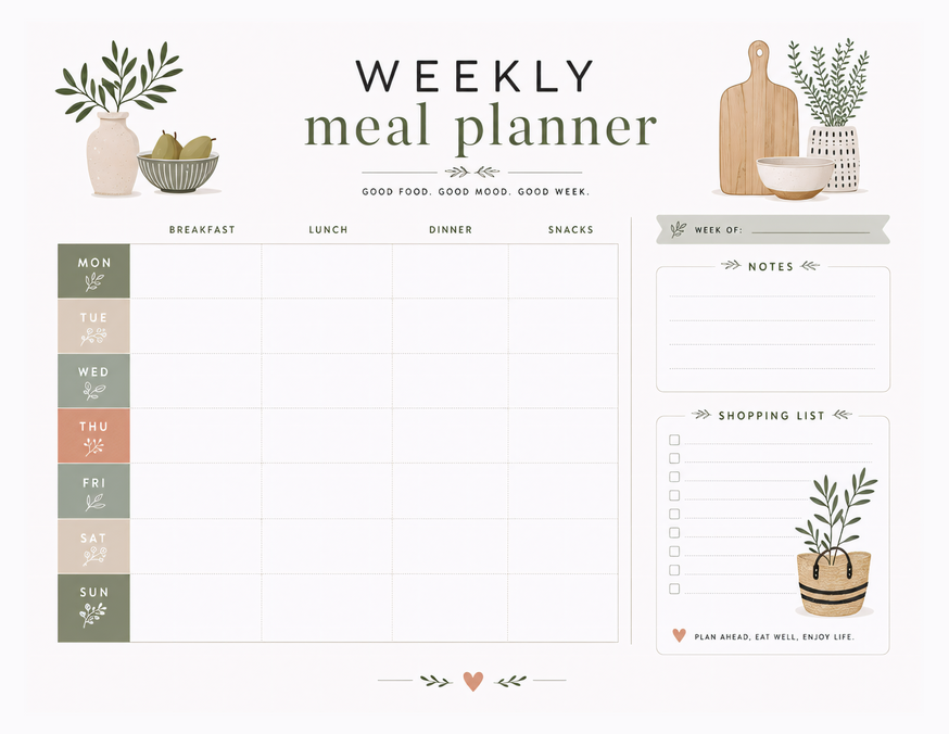 Boho Kitchen Meal Planner Printable, Seven Days and Shopping List