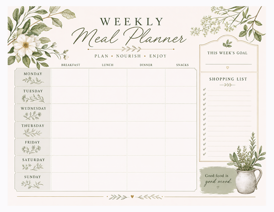 Botanical Meal Planner Printable, Plan Nourish Enjoy Layout