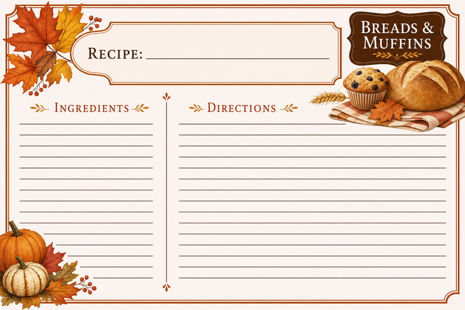Breads and Muffins Recipe Card, Autumn Leaves and Pumpkin Border