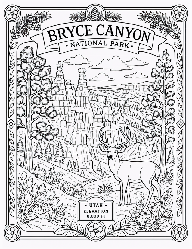 Bryce Canyon National Park Coloring Page, Hoodoos and Mule Deer