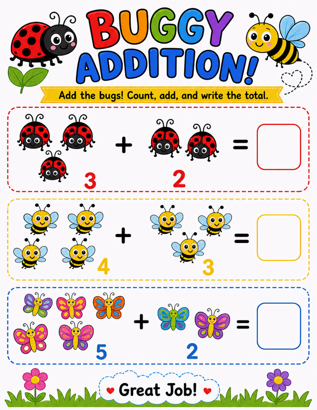 Bug Addition Worksheet, Ladybugs, Bees, and Butterflies