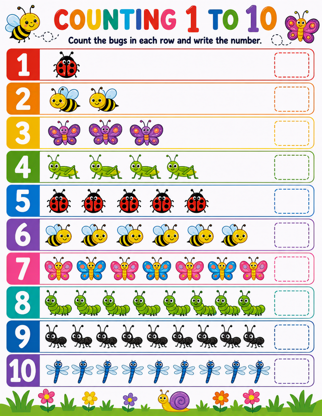 Bug Counting 1 to 10 Worksheet, Ladybugs to Dragonflies