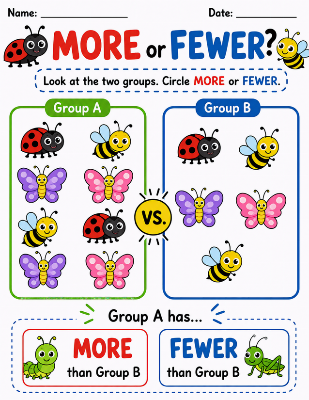 Bug More or Fewer Worksheet, Ladybugs, Bees, and Butterflies