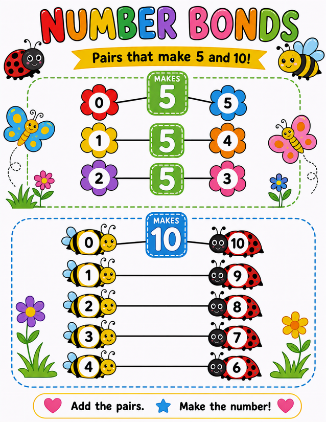 Bug Number Bonds Worksheet, Pairs That Make 5 and 10