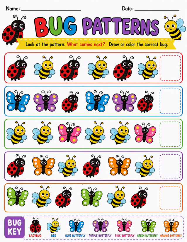 Bug Patterns Worksheet, Five Rows With a Bug Key