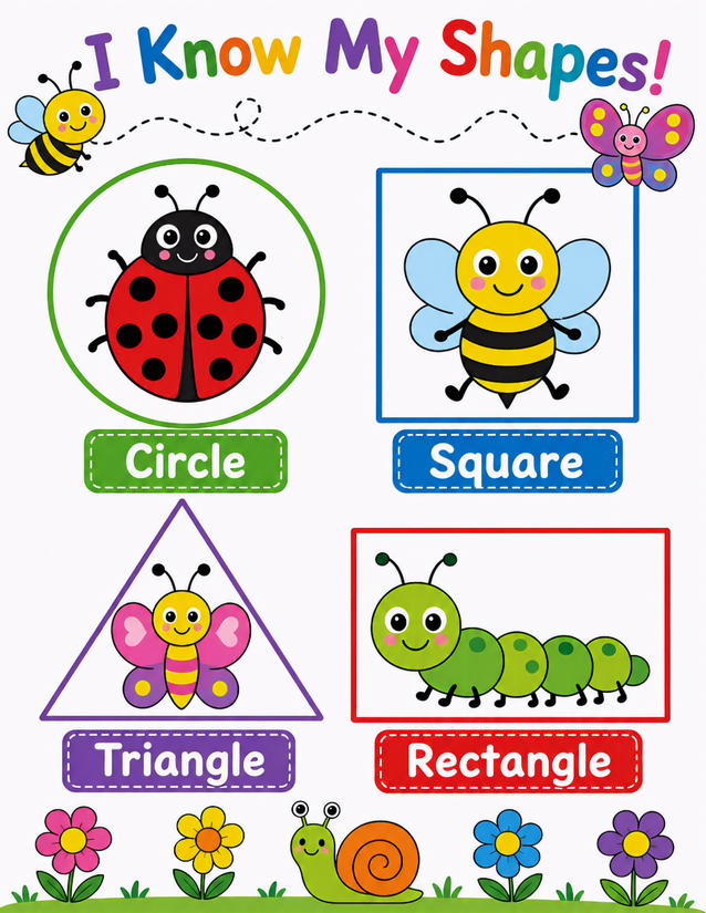 Bug Shape Recognition Worksheet, Circle Square Triangle Rectangle