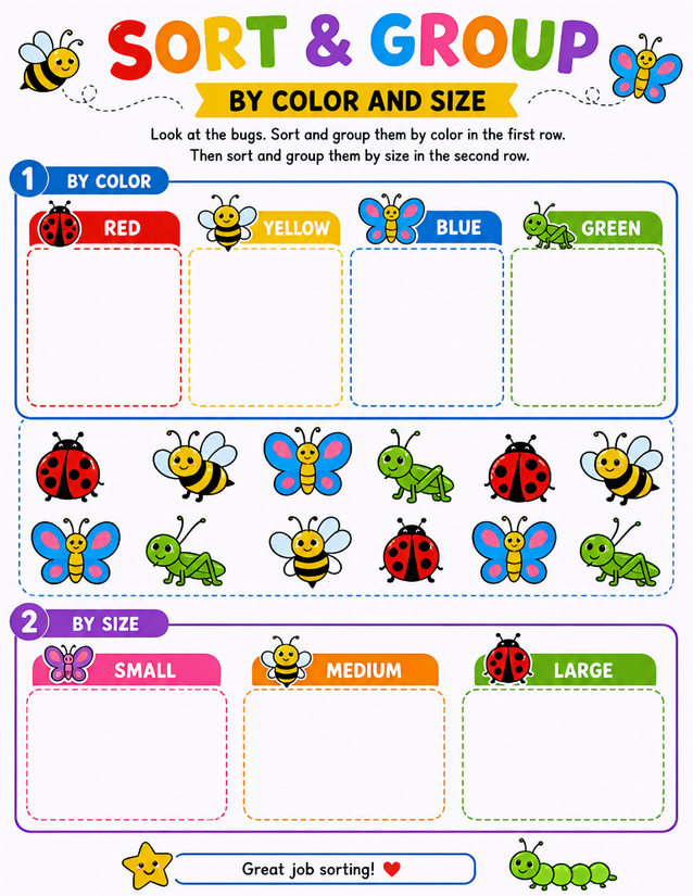Bug Sort and Group Worksheet, Color and Size Rows