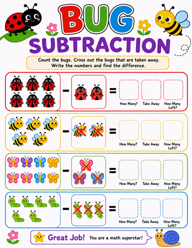 Bug Subtraction Worksheet, Four Picture Problems With Crossed-Out Bugs
