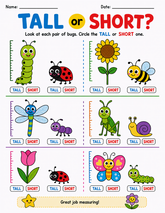Bug Tall or Short Worksheet, Eight Illustrated Pairs