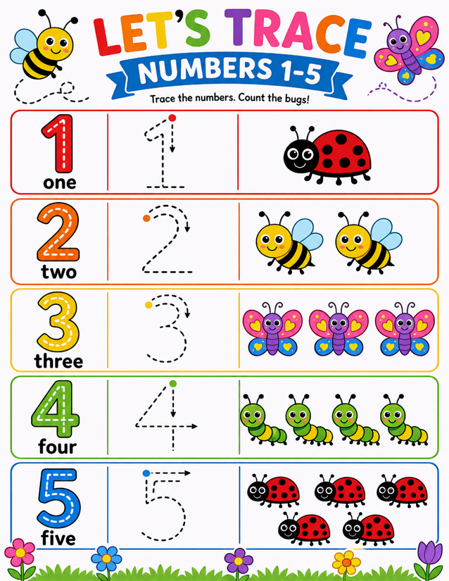 Bug Trace the Numbers 1-5 Worksheet, Ladybugs to Caterpillars