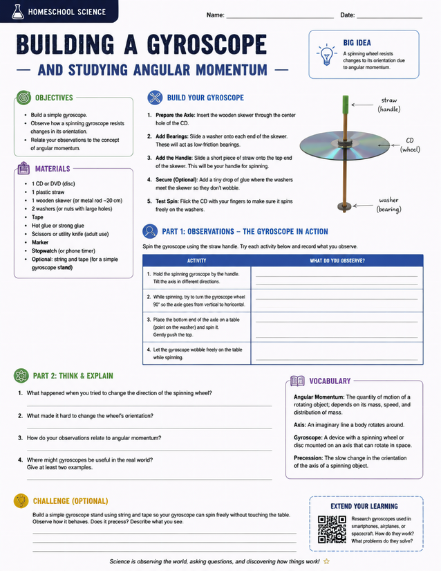Building a Gyroscope Lab Sheet, Angular Momentum Homeschool Science
