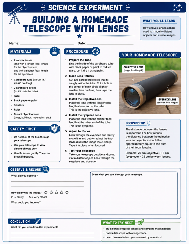 Building a Homemade Telescope with Lenses, Science Lab Sheet