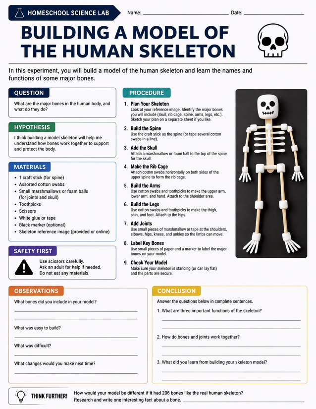 Building a Model of the Human Skeleton, Craft Stick and Cotton Swab Lab