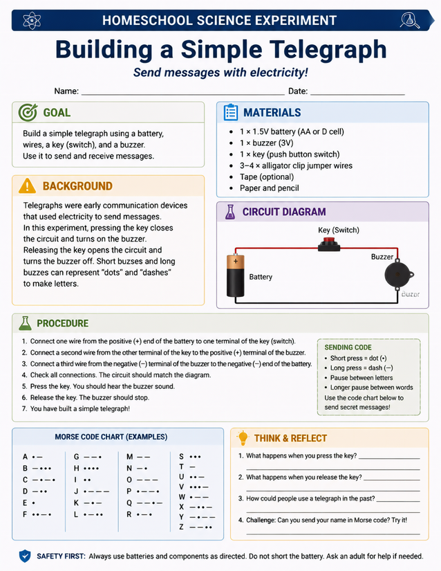 Building a Simple Telegraph Lab Sheet, Morse Code Included