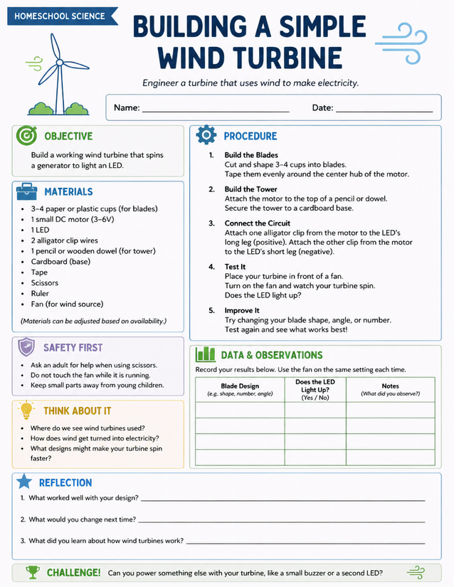 Building a Simple Wind Turbine Lab Sheet, Grades 4-6