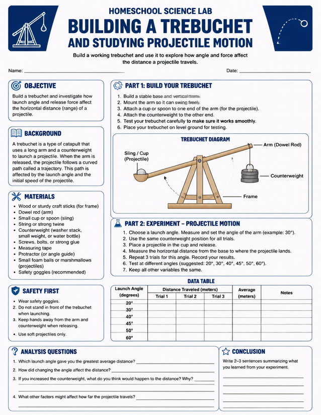 Building a Trebuchet Lab Sheet, Projectile Motion Data Table