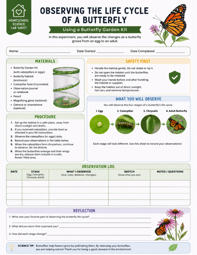 Butterfly Life Cycle Lab Sheet, Egg to Adult Observation Record
