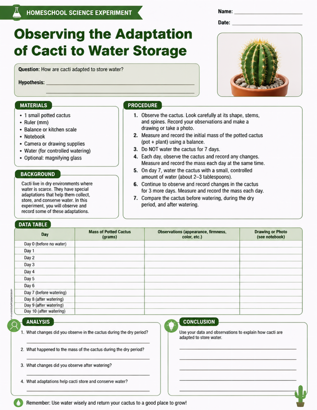 Cacti Water Storage Adaptation Lab Sheet, 10-Day Observation