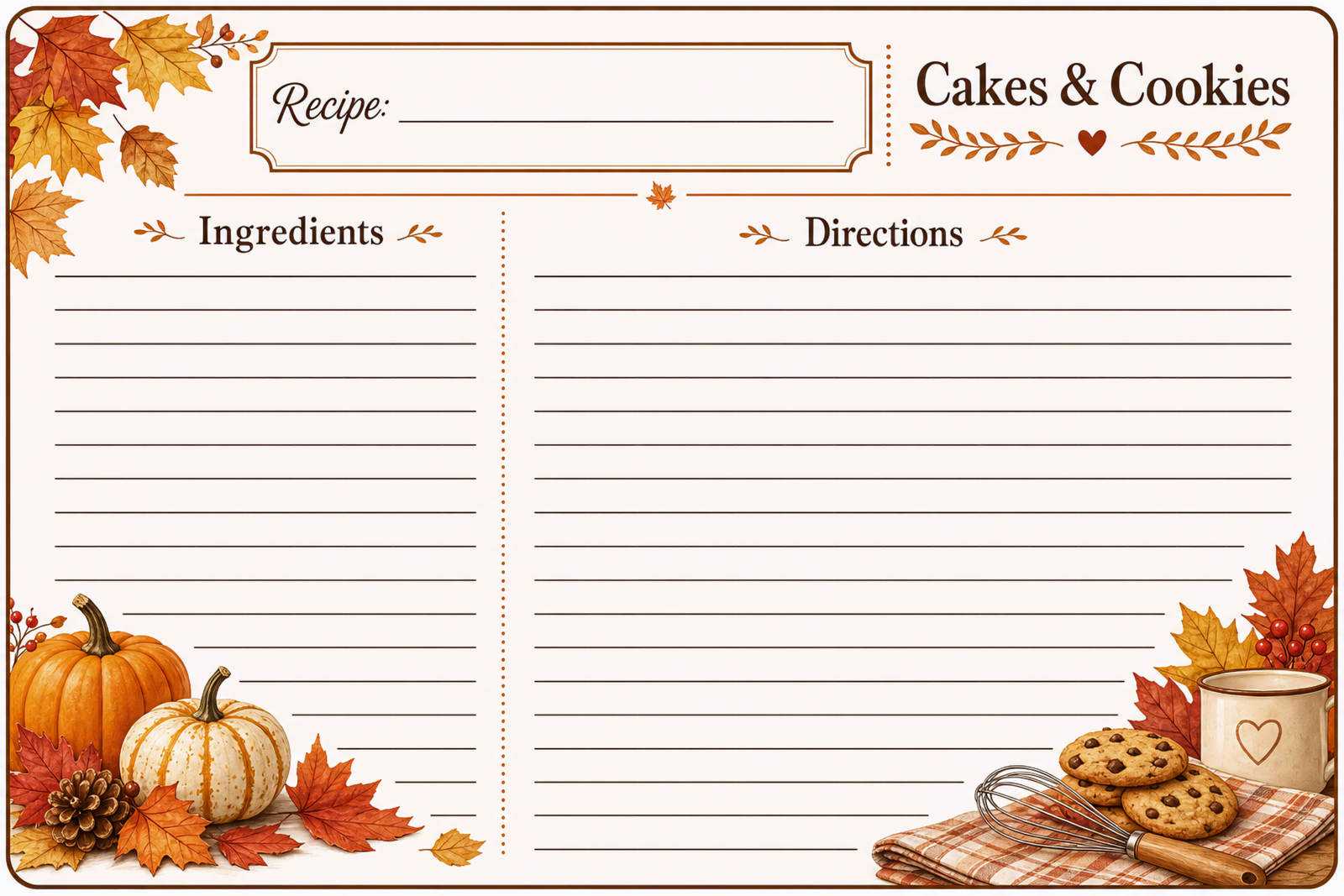 Cakes and Cookies Recipe Card, Autumn Pumpkin and Whisk Design