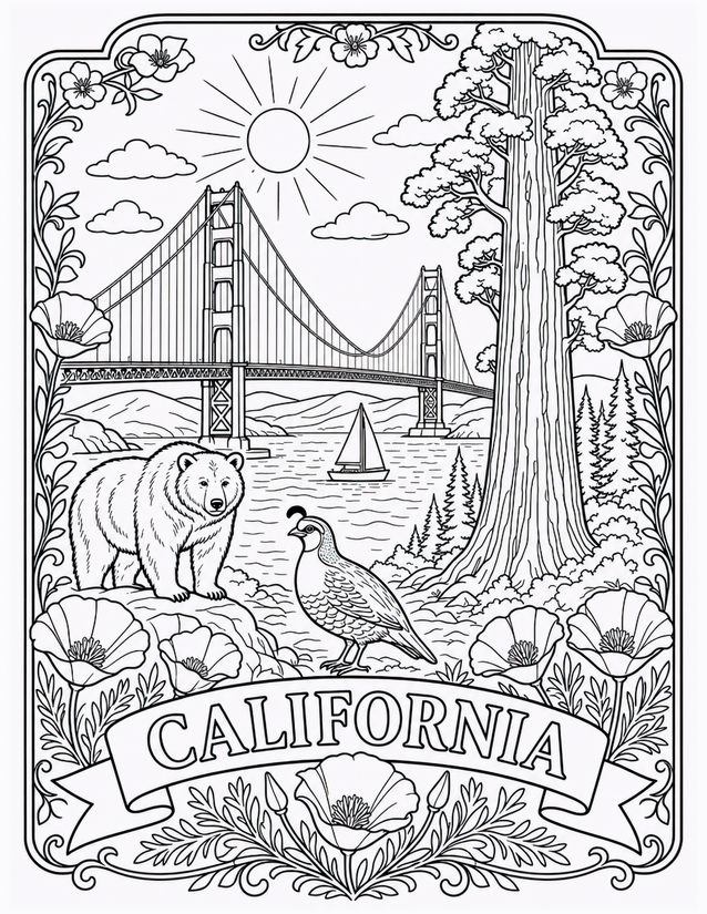 California Coloring Page, Golden Gate Bridge and Grizzly Bear