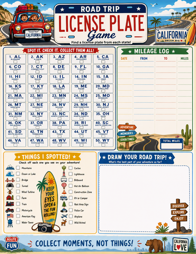California License Plate Game Printable, All 50 States Plus Mileage Log