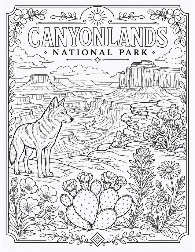 Canyonlands National Park Coloring Page, Coyote and Mesa Landscape