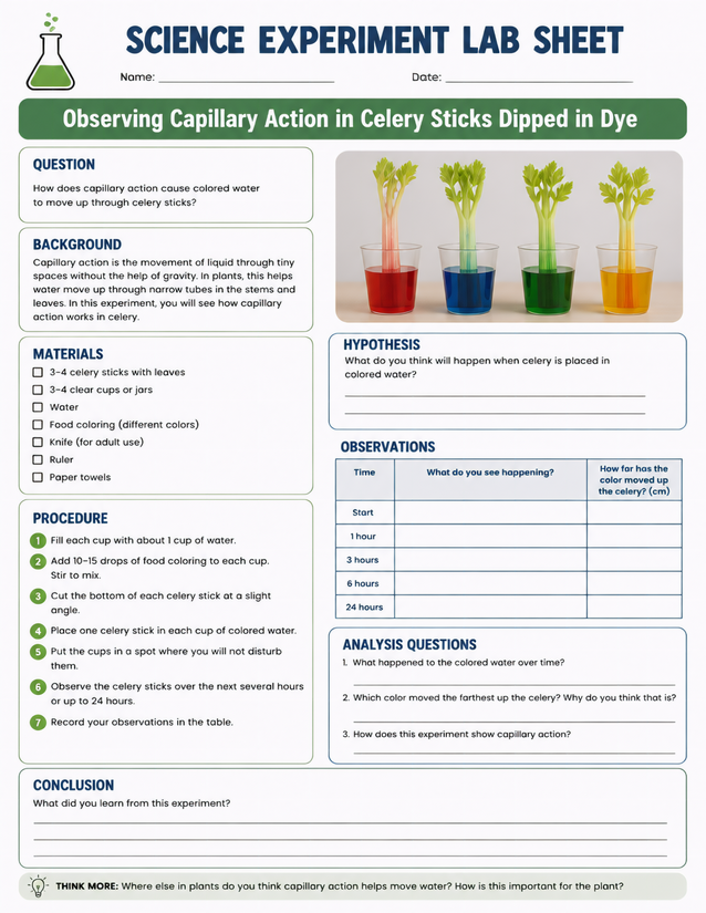 Capillary Action Celery Experiment Lab Sheet