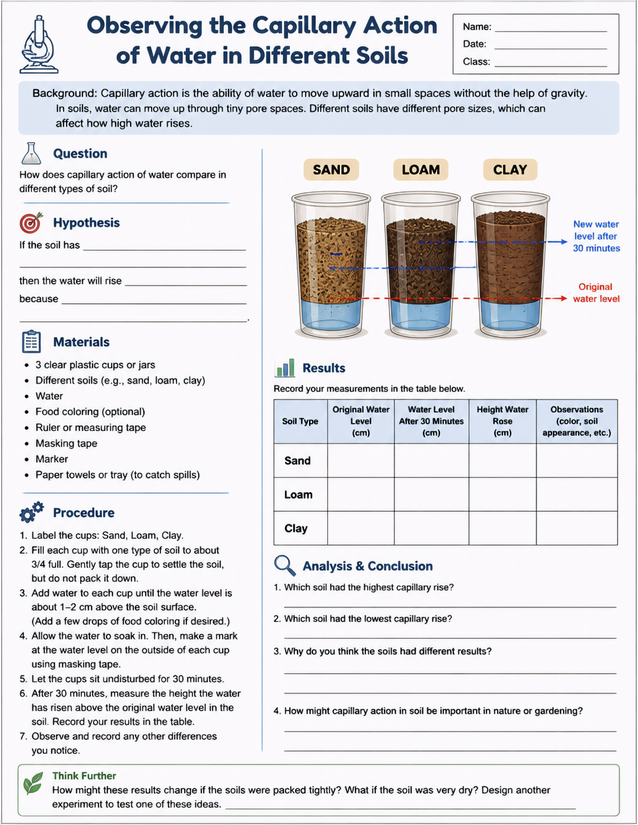 Capillary Action of Water in Different Soils Lab Sheet