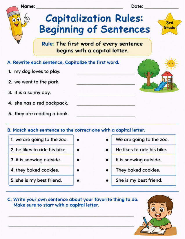 Capitalization Rules Beginning of Sentences Worksheet, 3rd Grade