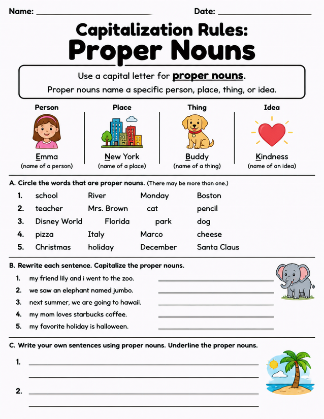 Capitalization Rules Proper Nouns Worksheet, Three Practice Sections