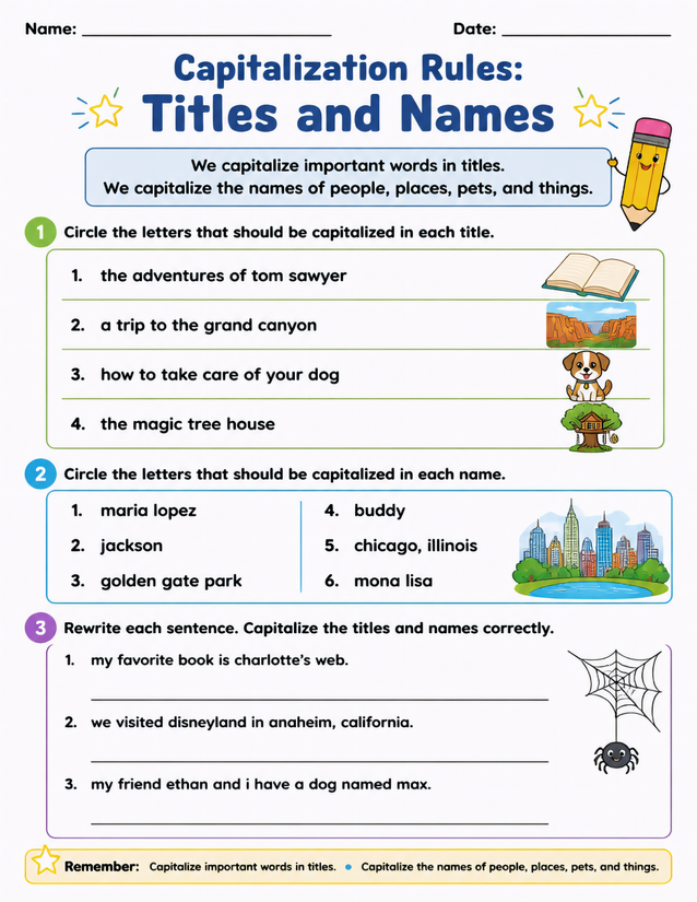 Capitalization Rules Titles and Names Worksheet
