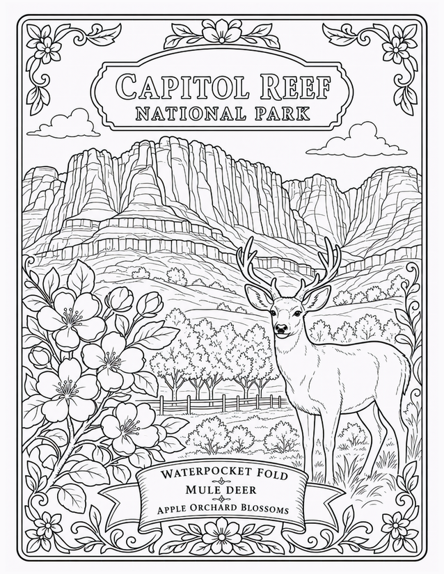 Capitol Reef National Park Coloring Page, Mule Deer and Apple Blossoms
