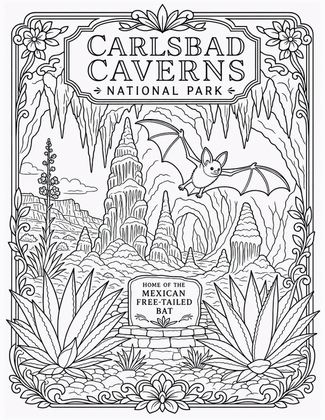 Carlsbad Caverns National Park Coloring Page, Bat and Stalagmites