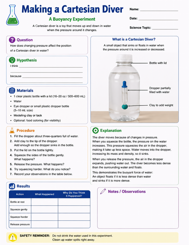 Cartesian Diver Experiment, Buoyancy Lab Sheet