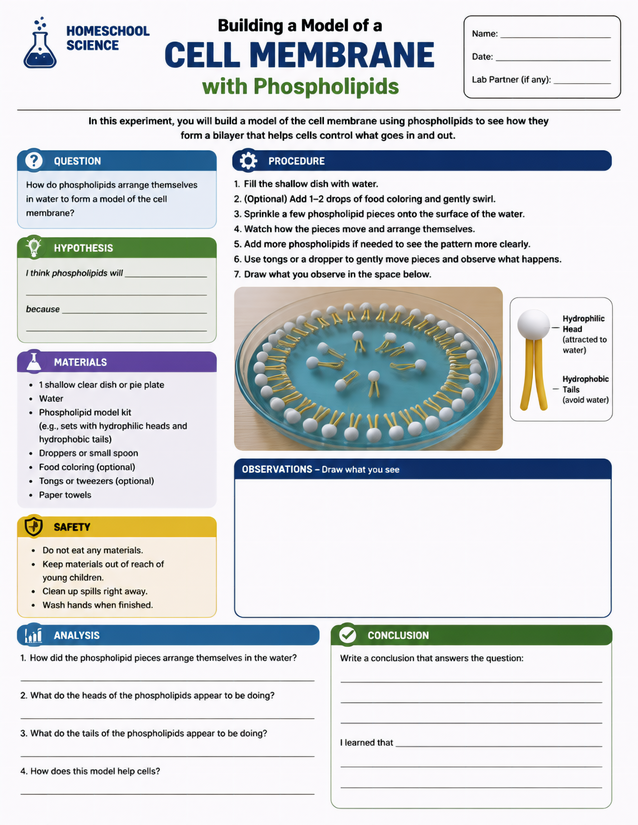 Cell Membrane Model with Phospholipids, Homeschool Lab Sheet
