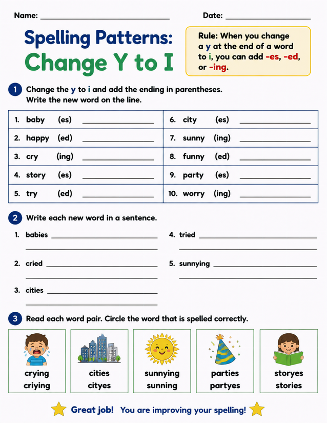 Change Y to I Spelling Worksheet, Three Suffix Activities