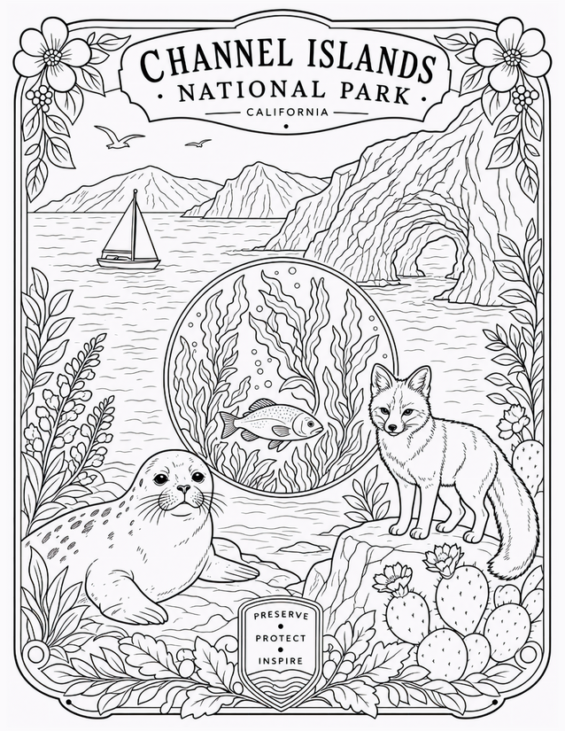 Channel Islands National Park Coloring Page, Fox, Seal, and Kelp Forest
