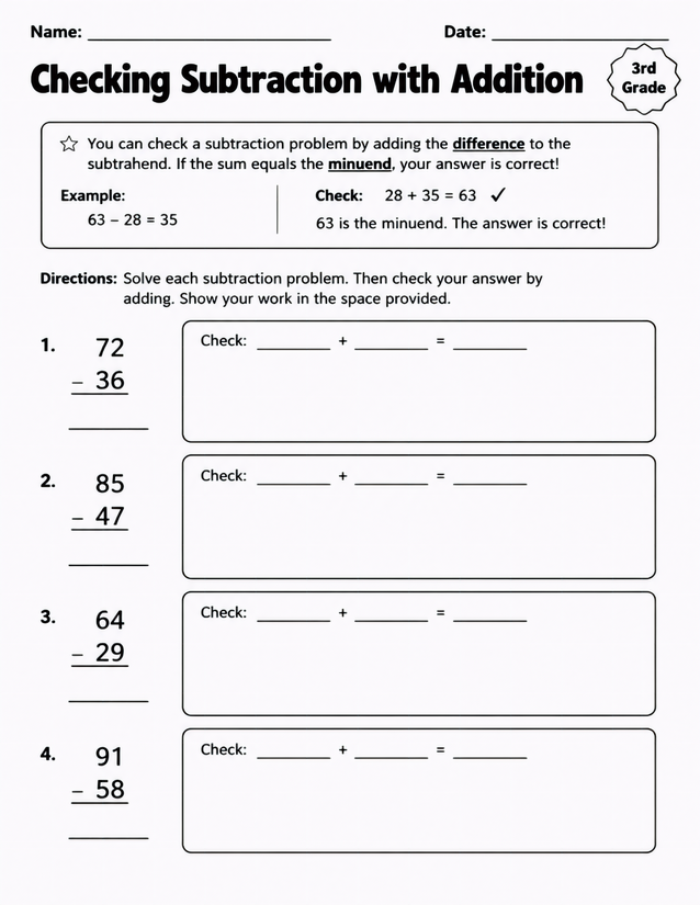 Checking Subtraction with Addition, 3rd Grade Worksheet